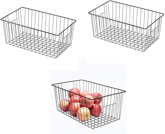16inch Freezer Wire Storage Organizer Baskets, Household Refrigerator Bins with Built-in Handles for Cabinet, Pantry, Closet, Bedroom