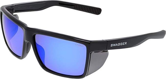 MCR Safety SR218B Swagger SR2 Series Safety Glasses with Thermo Plastic Rubber Nose Pads and Detachable Side Shields, Black Frame, Blue Diamond Mirror Lens