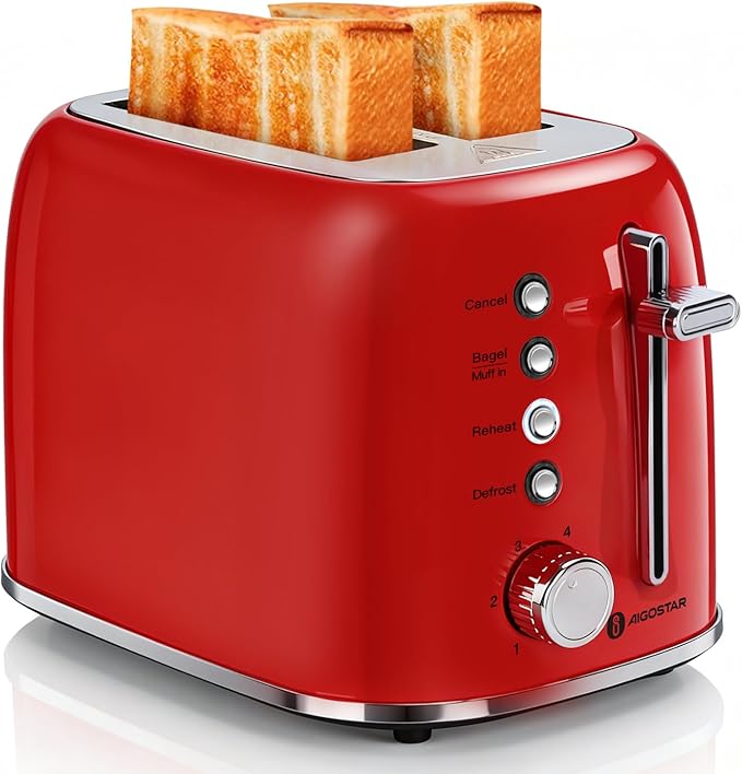 Aigostar Toaster 2 Slice, Retro Extra-Wide Slot Toasters Best Rated Prime for Toasting Bagels, Breads, Waffles & More, Cancel, Defrost & 6 Browning, Removable Crumb Tray, Stainless Steel, Red