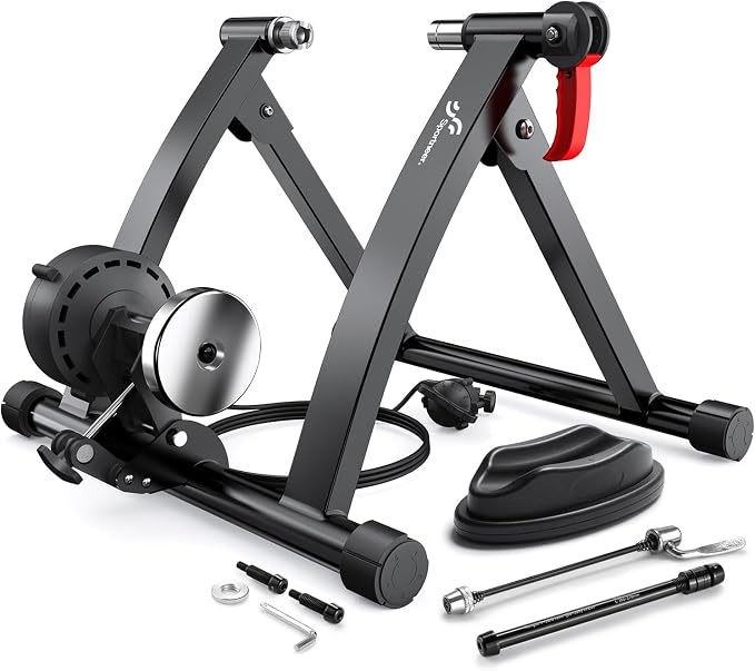 Sportneer Bike Trainer: Adjustable 6 Level Resistance Magnetic Stationary Bike Stand for 26-28" & 700C Wheels, Thru Axle Adapter, Quick Release Lever & Front Wheel Riser Block Included