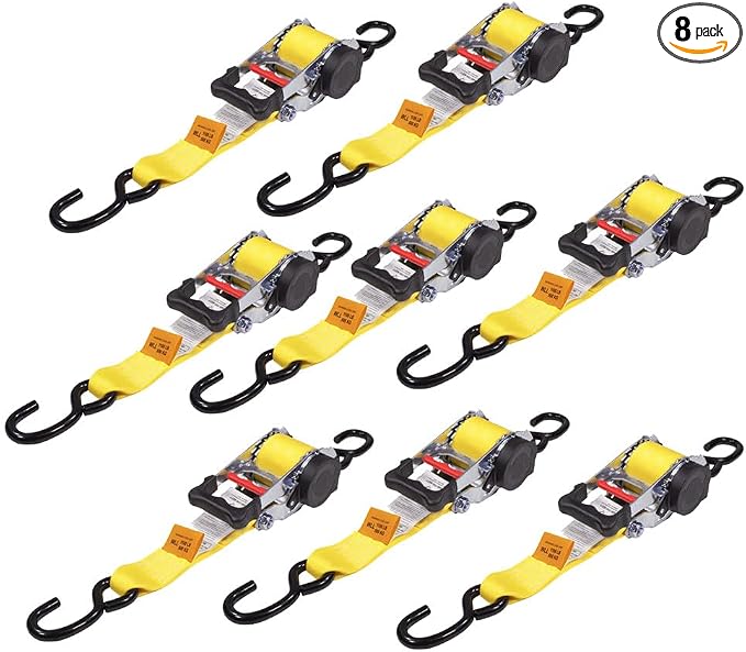 Mytee Products 8 Pk 2"x9.2' Bolt on Yellow Retractable Ratchet Straps for Cargo - Coated S Hook Auto Retract Ratchet Straps - Self Ratcheting Strap for Boat Tie Down to Trailer & Jet Ski, ATVs, Bikes