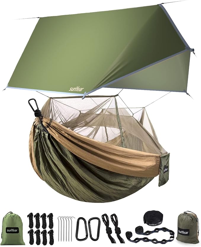 Sunyear Camping Hammock with Rain Fly and Net - Outdoor Hammock Accessories-Hammock Tent for Outside-Keep Side Wind&Rain-Large and Heavy Duty