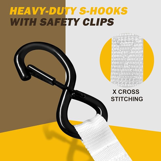 Heavy Duty 1" x 15' Ratchet Straps (4 Pack) - 2200 lb Break Strength with Soft Loops & Coated S-Hooks for Truck, Trailer, Motorcycle, ATV, UTV, Boat, Car Accessories (White)