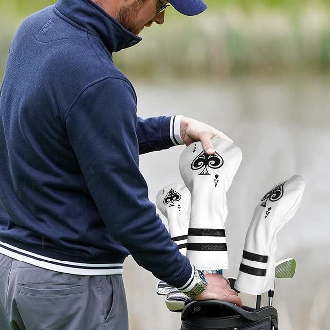 Ace Wood Club Headcover - 3pcs or 1pc - Driver/Fairway Woods/Hybrid Rescue - White Leather Golf Club Cover