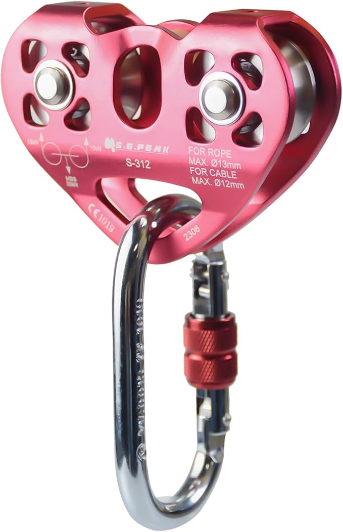 SEPEAK CE 30kN Tandem Speed Double Pulley with 1 Steel 25kN Clip, Zip Line Trolley for Backyard Zipline, Climbing & Rock Rescue Lifting, Fits Cable up to 1/2 Inches/Holds Up to 6750lbs