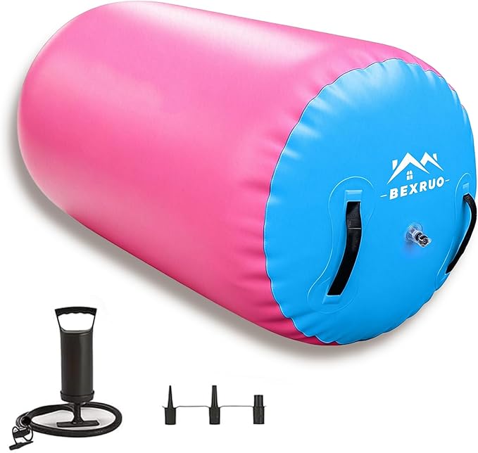 Gymnastics Air Barrel Roller, Inflatable Tumbling Roller Air Mat, Ergonomic Yoga Training Equipment, Barrel Trainer with Pump for Backhandspring, Cheerleading, Home, Gym & Yoga Practice