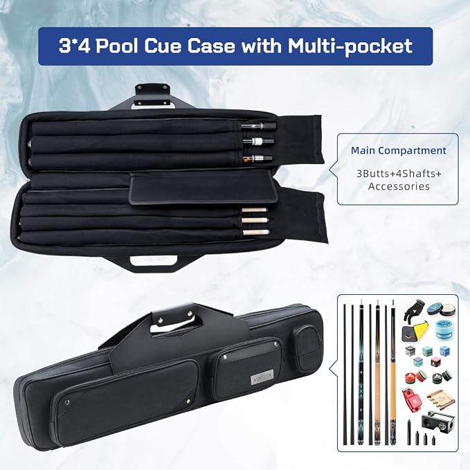 KONLLEN Pool Cue Case 3x4 Oxford Pool Stick Case Holds 3 Butts and 4 Shafts Billiard Sitck Large Capacity Carrying Cases with Multi-Pocket Pool Cue Accessories