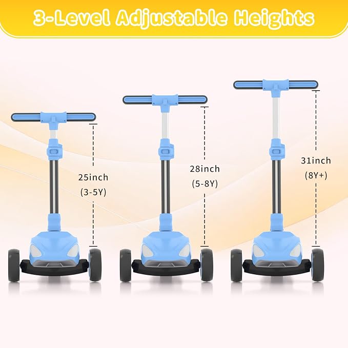SIMATE Electric Scooter for Kids Ages 3+, 3 Wheel Balance Scooter, 3 Adjustable Heights, Foldable & LED Display & Thumb Throttle, Long Battery Life, Full Body Lights Up, Gift for Kids Boys Girls