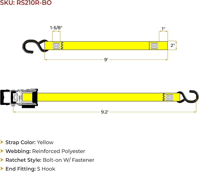 Mytee Products 8 Pk 2"x9.2' Bolt on Yellow Retractable Ratchet Straps for Cargo - Coated S Hook Auto Retract Ratchet Straps - Self Ratcheting Strap for Boat Tie Down to Trailer & Jet Ski, ATVs, Bikes