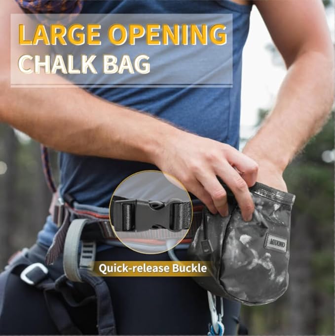 Chalk Bag for Rock Climbing, Climbing Chalk Bag with 2 Refillable Chalk Balls and Carabiner Clip, Brush Loop and Zippered Pocket for Bouldering, Gym, Cross Fit, Weight Lifting, Disc Golf