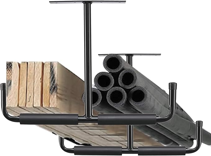 HOME RIGHT Overhead Garage Storage Hooks, Heavy Duty Double Ceiling Rack, 16.5’’ Utility Shed Hangers, Great for Pipe, Lumber, Ladder, Fishing Rod and Ski Board(4Pcs, Black)