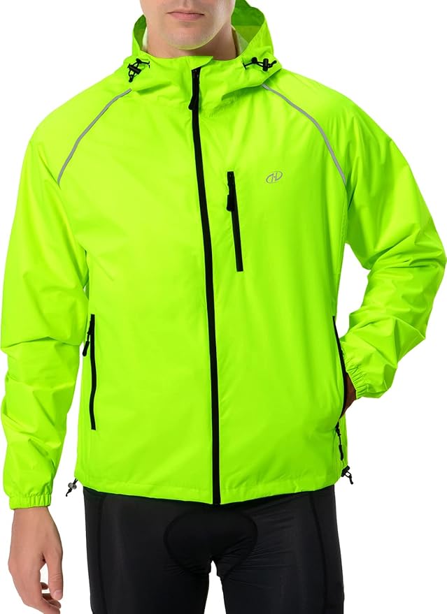 Hugut Men's Cycling Running Rain Jacket Lightweight Waterproof Biking Hiking Windbreaker Raincoat Reflective Packable