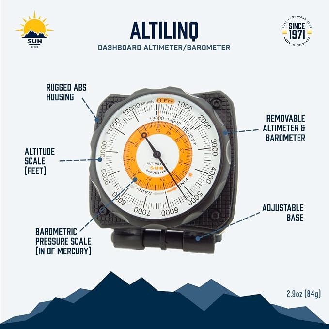 Sun Company AltiLINQ - Dashboard Altimeter and Barometer | Altimeter for Car and Truck | Reads Altitude from 0 to 15,000 Feet