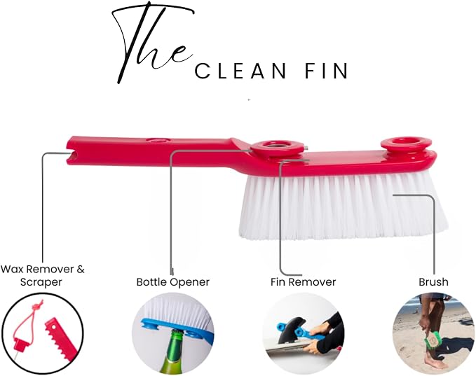 LISS The Clean Fin, Surfboard Fin Removal and Installation Tool, Sand Brush Remover for Beach, Bristle Brush with Leash String Included, Wax Remover & Scraper, Bottle Opener, Beach Accessorie (Red)