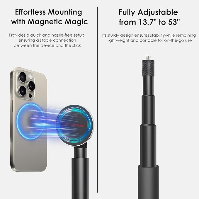 PrecisionMaster Golf Tripod & Monopod, Magnetic Golf Film Stick 52" Adjustable Aluminum, Golf Swing Training Aid Compatible with Mag-Safe iPhone Android Phones (12N+BT Control)