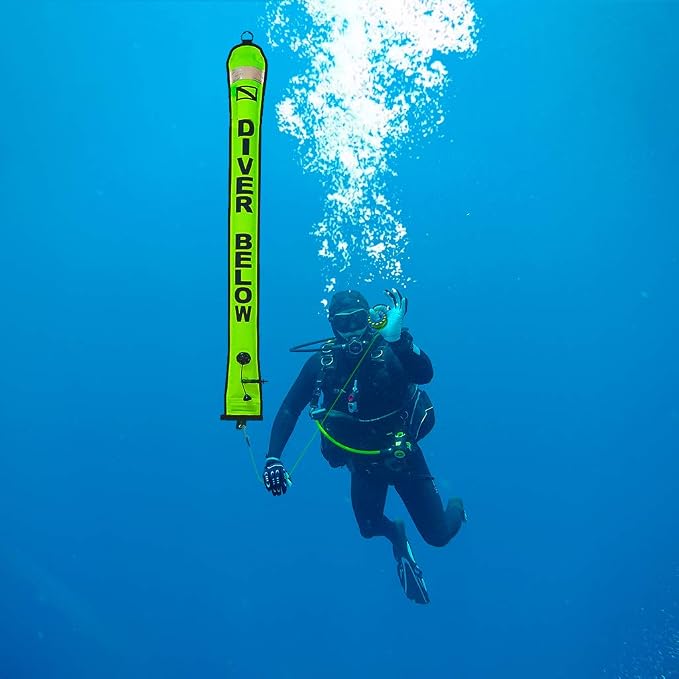 5ft Yellow Scuba Diving Open Bottom Surface Marker Buoy (SMB) with 98ft Finger Spool Alloy Dive Reel and Double Ended Bolt Clip Blue