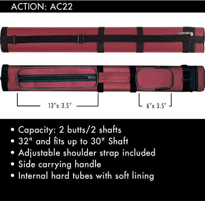 Action 34" Long Pool Cue Hard Carrying Case - Holds 2 Butts & 2 Shafts, Separate Molded Tubes, Large Zippered Accessory Pockets, Adjustable 1" Vinyl Carrying Strap, Fits up to 32" Shaft or Butt