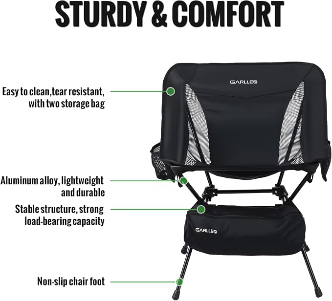 GARLLEN Portable Camping Chair 220LBS Capacity, Folding Backpacking Chair with Both Side Pockets, Folding Travel Chair with Carrying Bag & Anti-Slip Feet for Camping, Hiking, Picnic, Beach