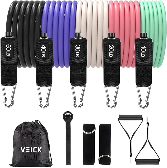 VEICK Resistance Bands Set, 10-150 LBS Stackable Exercise Bands with Handles, Ankle Straps & Door Anchor, Workout Bands for Home Gym, Yoga, Pilates, Physical Therapy for Men Women