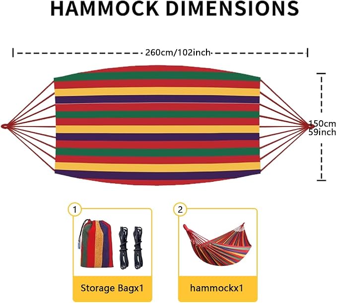 Cotton Canvas Hammock, Comfortable Fabric Camping Hammock with Tree Straps, Up to 440lbs with Travel Bag for Camping Outdoor/Indoor Patio Backyard(Red, Without bar)