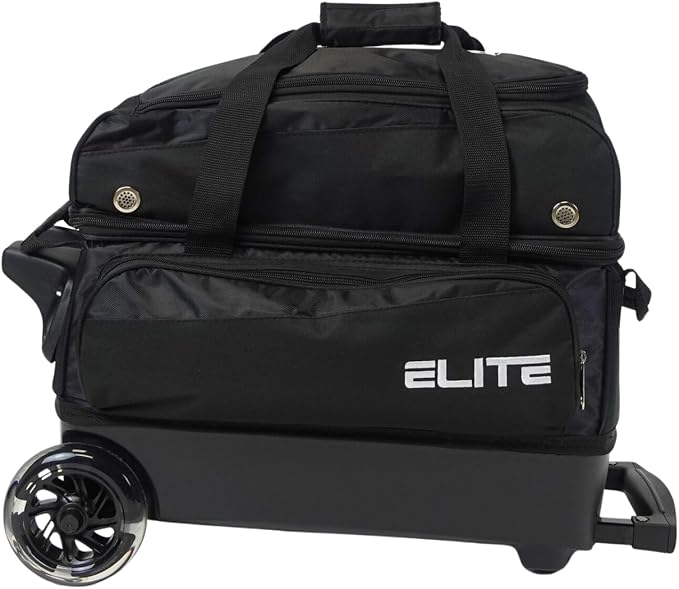 ELITE Deluxe 2 Ball Bowling Bag with 5" Smooth Wheels - Large Accessory Pocket, Shoe Compartment, 36" Extendable Handle