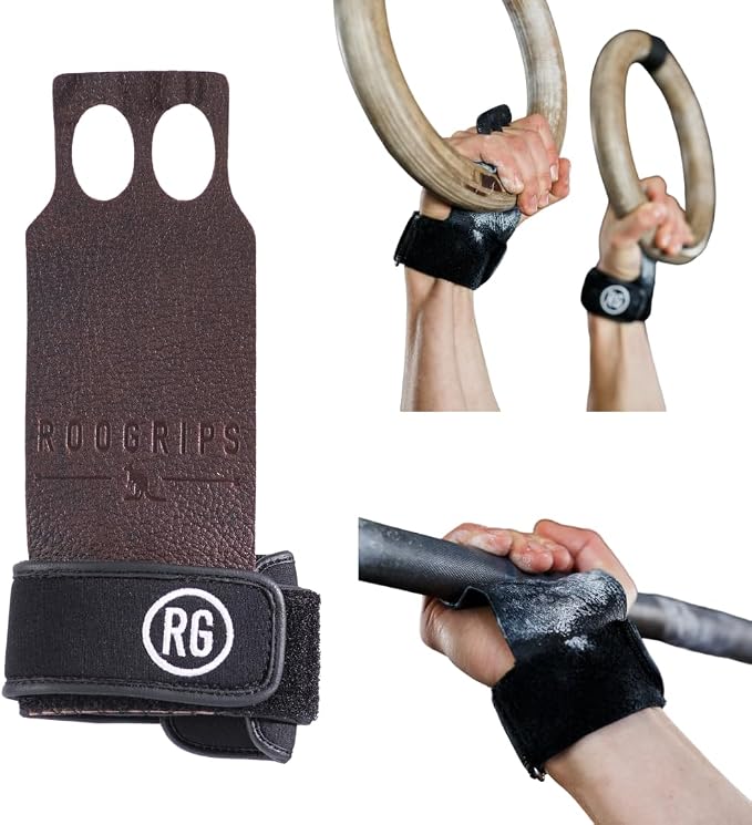 Roogrips 2 Finger Premium Leather Hand Grips for Gymnastic Bars, Cross Training, Gym & Home Workouts, Pull Up Bars & Weightlifting - The Most Durable Palm Guard from Rips and Blisters