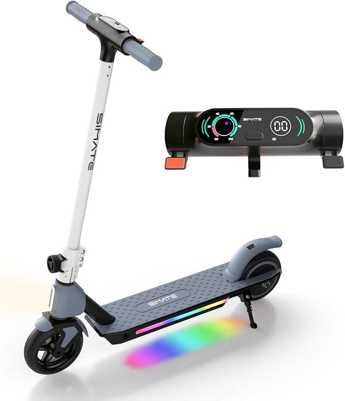 SIMATE Electric Scooter for Kids 6-14, Colorful Lights & Double Brake System, Aluminum Alloy Frame, Foldable, LED Display, for Boys Girls