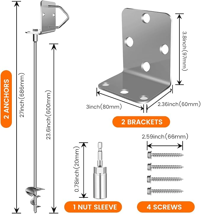 Ground Anchors Shed Anchors 27" Set of 2 Trampoline Stakes Screw in Heavy Duty Mobile Home - Storage Shed Anchor Kit - Playset Swing Anchors - Stakes for Fence,Carport,Garden (Silver, 2 x 27in)