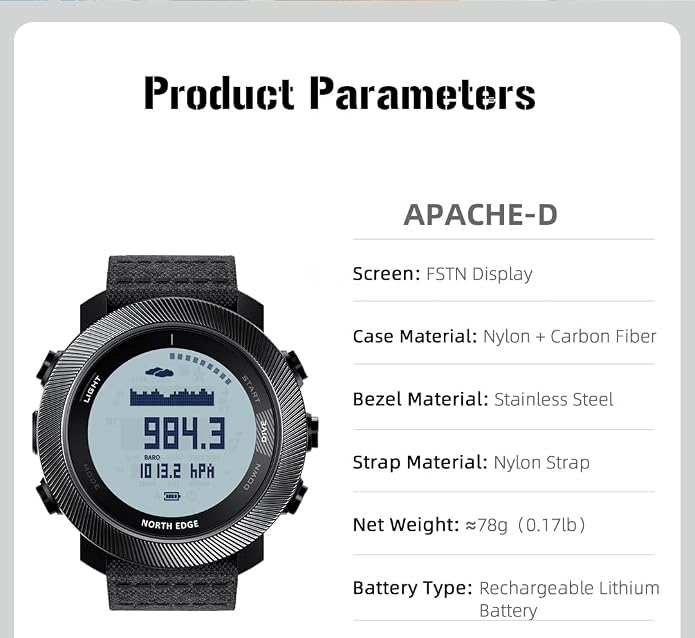 NORTH EDGE Apache-D Freediving Watch for Men, 100M Water Resistant Digital Outdoor Watch with 50M Dive Mode, Compass, Altimeter, Barometer, Thermometer, Pedometer, Rechargeable Hiking Watch