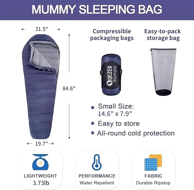 Down Sleeping Bag for Adults, 0°F 10°F 15°F 20°F 600 Fill Power Mummy Lightweight Compact Cold and Warm Weather Backpacking Sleeping Bag for Camping Hiking Outdoor All Seasons