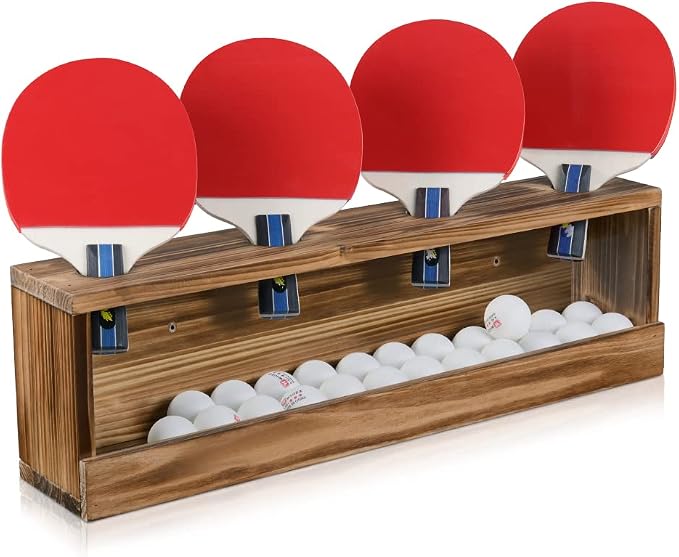 Ping Pong Paddle Storage Rack - Table Tennis Racket Display Wall Mounted Holder for 4 Paddles and Balls in Bar, Game Room, Office Break Room, Garage, Bedroom, Home - Rustic Burnt