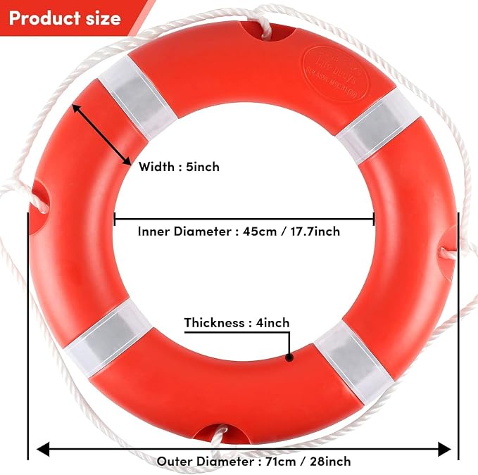 Life Ring for Boating Safety - 23" and 28" Boat Safety Throw Rings with Reflective Strip and Grab Lines