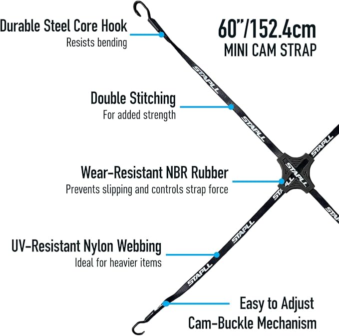 Cam Tack Strap, 4-Way Nylon Cam Buckle Tie Down Straps w/Adjustable Buckles & Anti-Slip Rubber Pad, Heavy Duty Hooks for Luggage, Coolers, Gear, Water Jugs, Tool Boxes – 2 Pack, Black