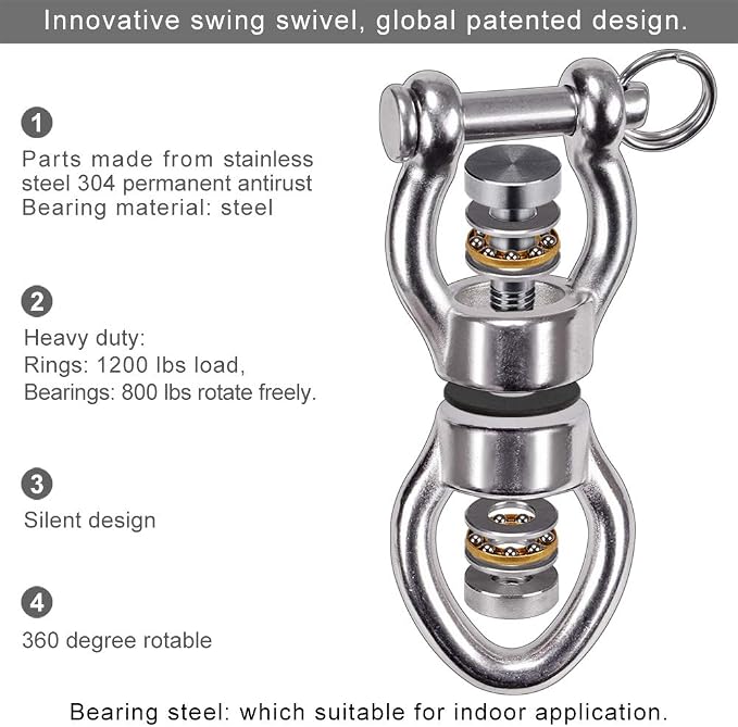 SELEWARE Silent Bearing Swing Swivel, 360° Rotational Device Hanging Accessory with Removeable Buckle for Tree Swing, Hammock Chair, Climbing Rope, Yoga, Kids Swing Swivel 1200LB Capacity, 2 Pack