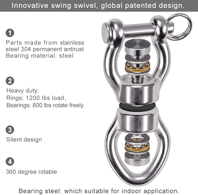 SELEWARE Silent Bearing Swing Swivel, 360° Rotational Device Hanging Accessory with Removeable Buckle for Tree Swing, Hammock Chair, Climbing Rope, Yoga, Kids Swing Swivel 1200LB Capacity