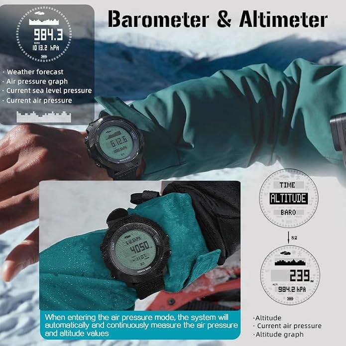 NORTH EDGE Apache-D Freediving Watch for Men, 100M Water Resistant Digital Outdoor Watch with 50M Dive Mode, Compass, Altimeter, Barometer, Thermometer, Pedometer, Rechargeable Hiking Watch