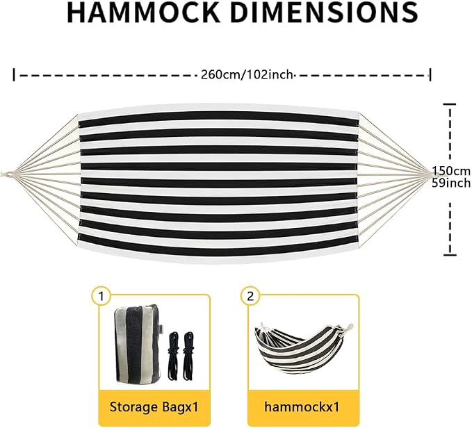 Cotton Canvas Hammock, Comfortable Fabric Camping Hammock with Tree Straps, Up to 440lbs with Travel Bag for Camping Outdoor/Indoor Patio Backyard(Black&White, Without bar)