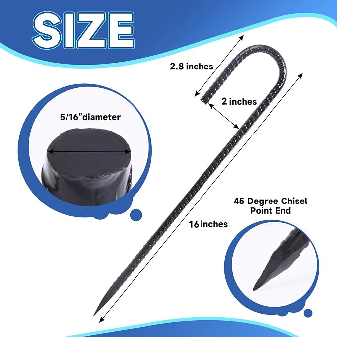 Homwin J Hook Rebar Stake 16 inch (16 Pack) Ground Stakes Heavy Duty 5/16" Thick Fence Anchors with Chisel Point, Tent Stakes for Camping, Canopy, Trampoline, Garden Fence & Tarp
