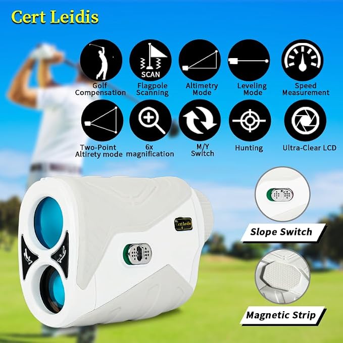 Golf Rangefinder with Slope, 1500 Yards Laser Range Finder Golfing, 6X Magnification with Slope Switch, Flag Pole Locking Vibration,Rechargeable with Magnet Stripe, Range Finders for Golfers & Hunting