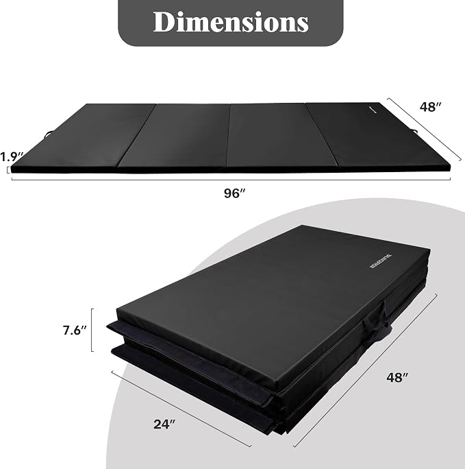 Fitvids 4'x8'x1.9" Gymnastics Mat, Home Exercise Mat with Carrying Handles, Folding Gym Workout Tumbling Mat for Yoga, Pilates, Stretching, MMA, Core Workouts, Fitness Aerobics Mats for Gym Training