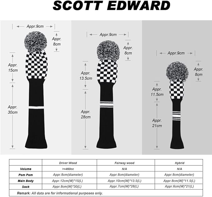 Scott Edward Knit Golf Club Cover for Woods and Driver Set of 5 Head Covers Protect Driver Wood(460cc)* 1 Fairway Wood*2 and Hybrid/UT*2 with Rotating Club Number Tags