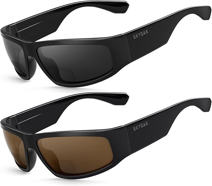 2 PACK Unbreakable Bifocal Reading Sunglasses for Men, Wrap Around Sun Reader Heavy Duty Temple UV400 Outdoor Sports Driving Finshing (Black & Grey +2.0)