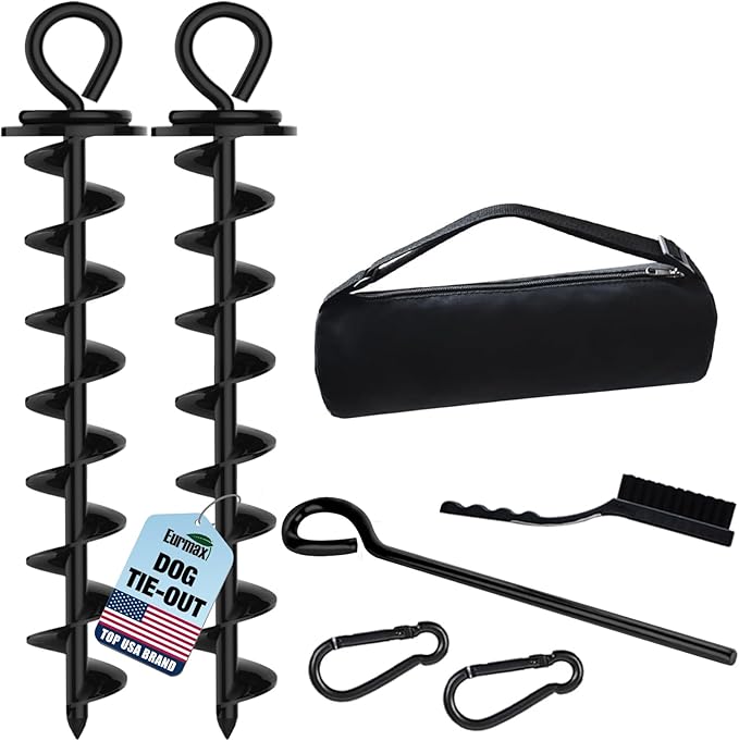Eurmax USA 2-Pack Heavy Duty Dog Tie Out Stake, No-Tangle In Ground Anchor Runner for Large Dogs up to 210 Lbs - Perfect for Yard, Beach and Camping (Large,Black)