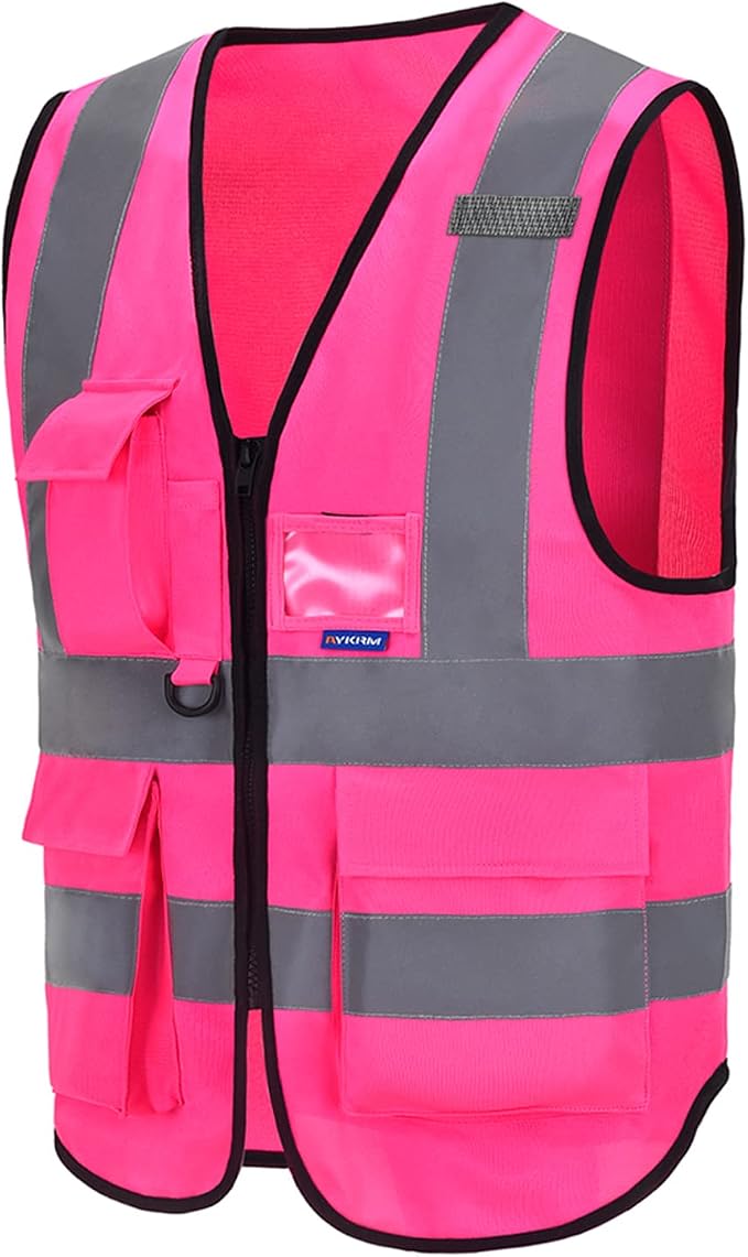 A-SAFETY Pink Safety Vest with Pockets Hi Viz Zipper Front Working Safety Vest with Reflective Strips, Multiple Colors Available,Large