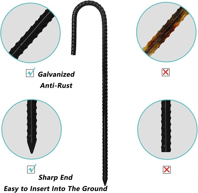 Rebar Stakes, 10 Pack 16 Inch Heavy Duty J Hook Ground Stakes for Camping Tent Trampoline Swings and Chain Link Fence, Black Powder Coated (Black)