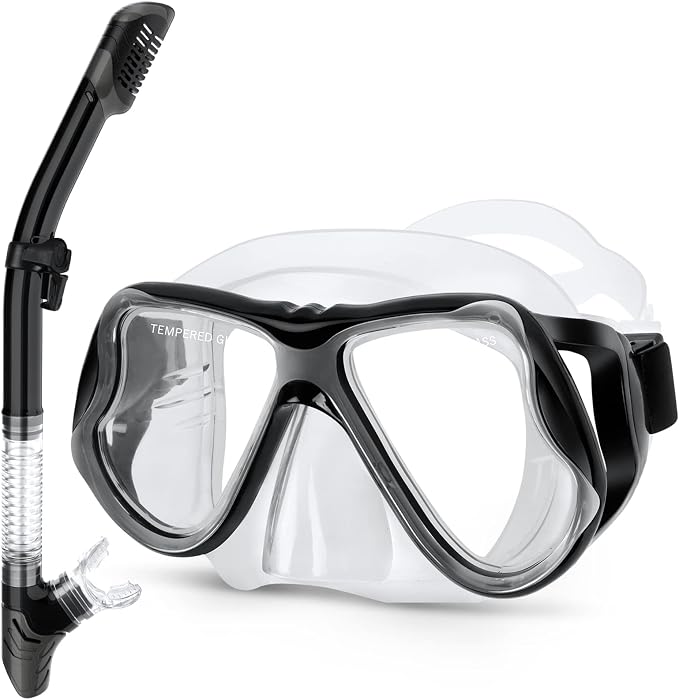 Greatever Dry Snorkel Set,Panoramic Wide View Anti-Fog Scuba Diving Mask,Professional Snorkeling Gear for Adults Kids