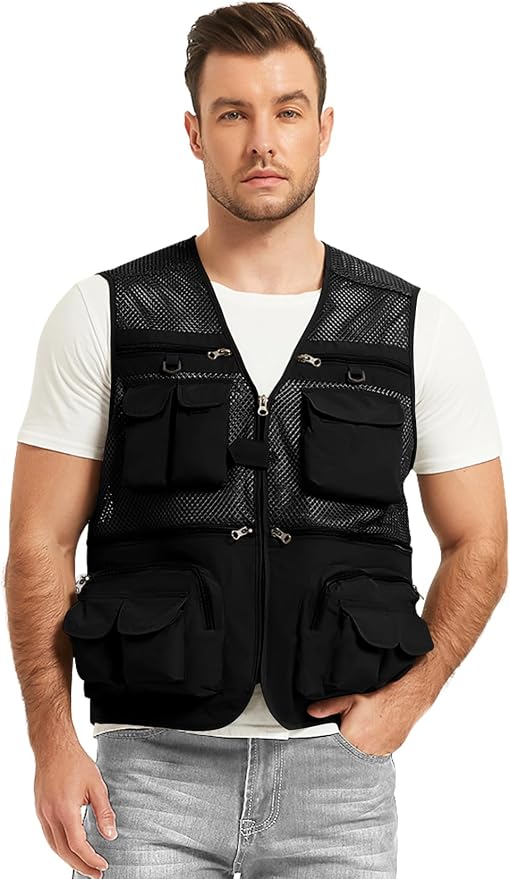 Flygo Men's Fishing Vest Utility Lightweight Outdoor Travel Safari Photo Cargo Vest with 16 Pockets