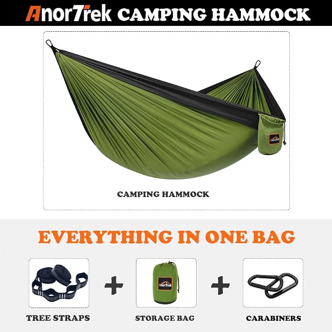 AnorTrek Camping Hammock, Super Lightweight Portable Parachute Hammock with Two Tree Straps Single or Double Nylon Travel Tree Hammocks for Camping Backpacking Hiking