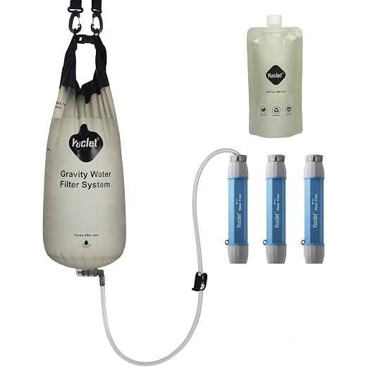 Yuclet Gravity Water Filter System for Hiking, Camping, Travel, and Emergency Preparedness (1 Gravity Bag, 3 Water Filter Straw, 1 Squeezable Water Pouch)