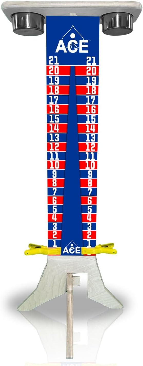 CornholeAce Elite Cornhole Scoreboard 3ft or 5.5ft Tall Hardware Free Stand with UV Printed Score Panel 0 to 21 Phone Tablet Scorekeeping Area Livestream Shelf 2 Drink Holders